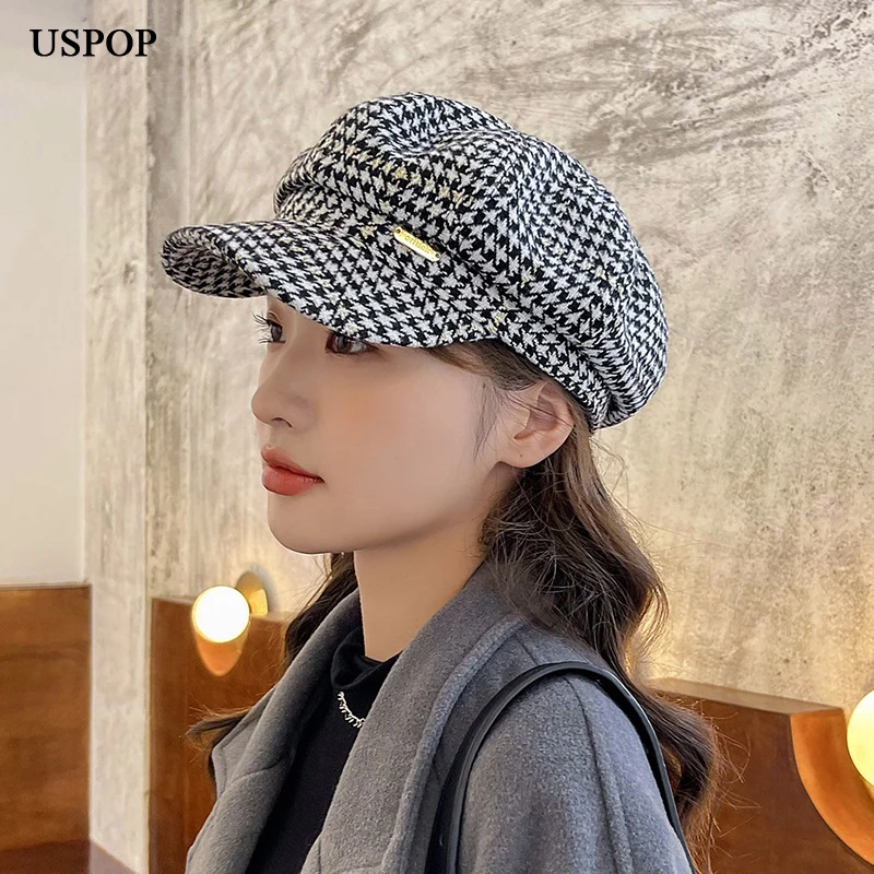 Женские осенние шляпы USPOP 2021, мягкие восьмиугольные шляпы в клетку, женские зимние кепки для газетчиков, шляпы
