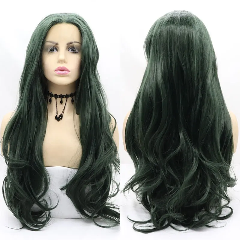 Потрясающий Темно-зеленый Синтетический парик на кружеве с естественной волной Из высококачественного Термостойкого волокна, предварительно Выщипанный по линии роста волос для женских париков