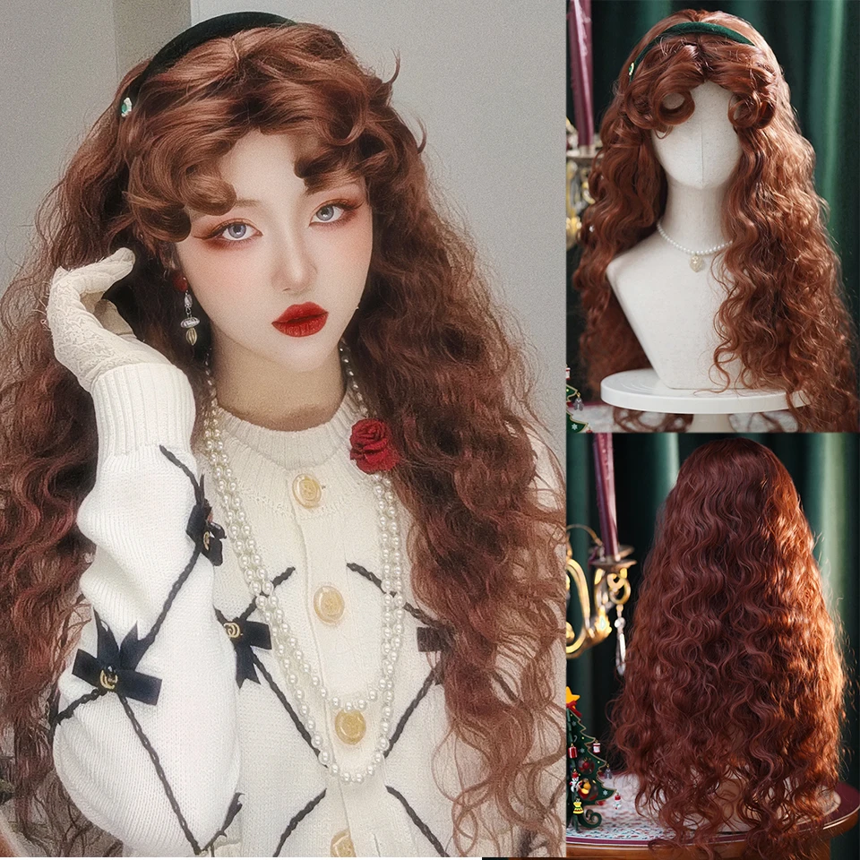 HOUYAN Длинные волнистые волосы каштановая челка Натуральный парик Косплей Девушка Лолита парик Леди челка синтетический парик
