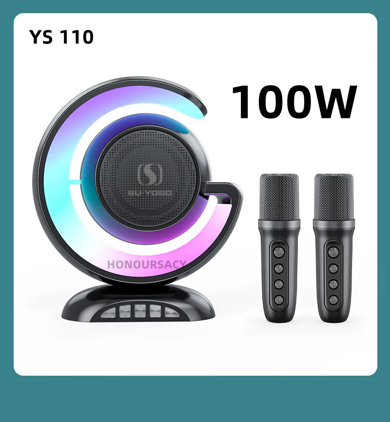 YS110 100 Вт беспроводной караоке Bluetooth динамик для дома портативный стерео RGB освещение беспроводной сабвуфер с двумя микрофонами